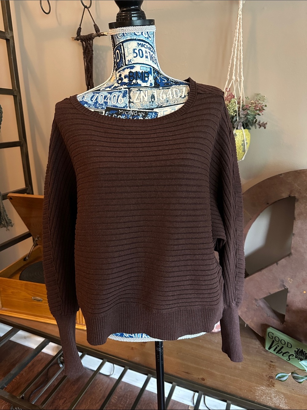 Free People Ribbed Crewneck Sweater - Chocolate Brown
